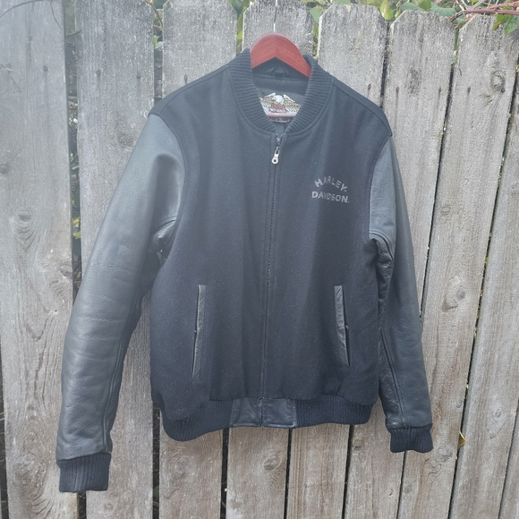 Harley-Davidson Wool Motorcycle Jacket with Leather Sleeves Men's Size L - Picture 1 of 10